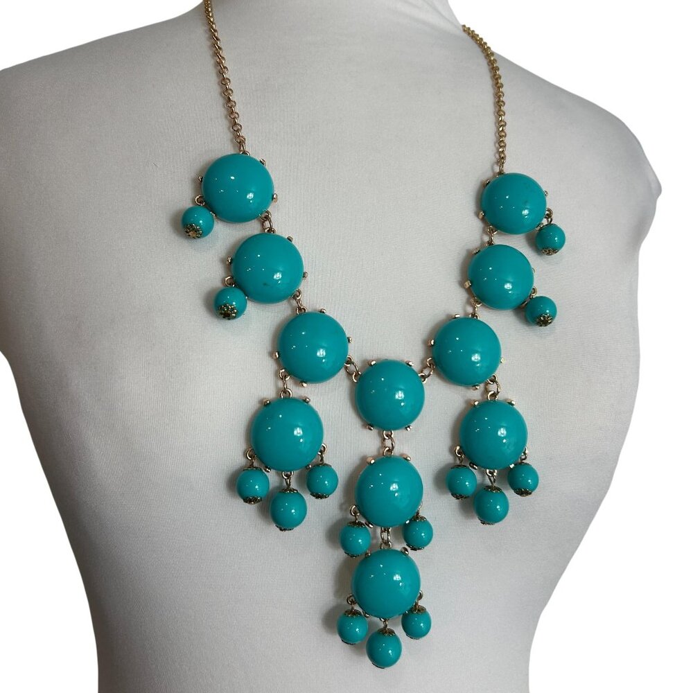 Faux Turquoise Bubble Plastic Beaded Bib Necklace Gold Tone Drop Statement